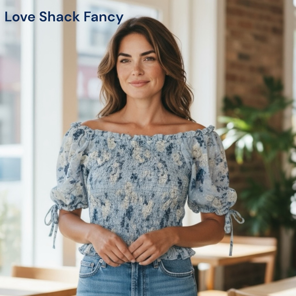 LoveShackFancy Blue Floral Off-Shoulder Smocked Blouse XS